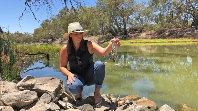 Senator Sarah Hanson-Young holding a dead fish at Menindee. Picture: Supplied