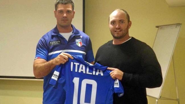 Former CQ Capras captain Gavin Hiscox (right) is presented with his Italian jersey by coach Cameron Ciraldo. Picture: Contributed