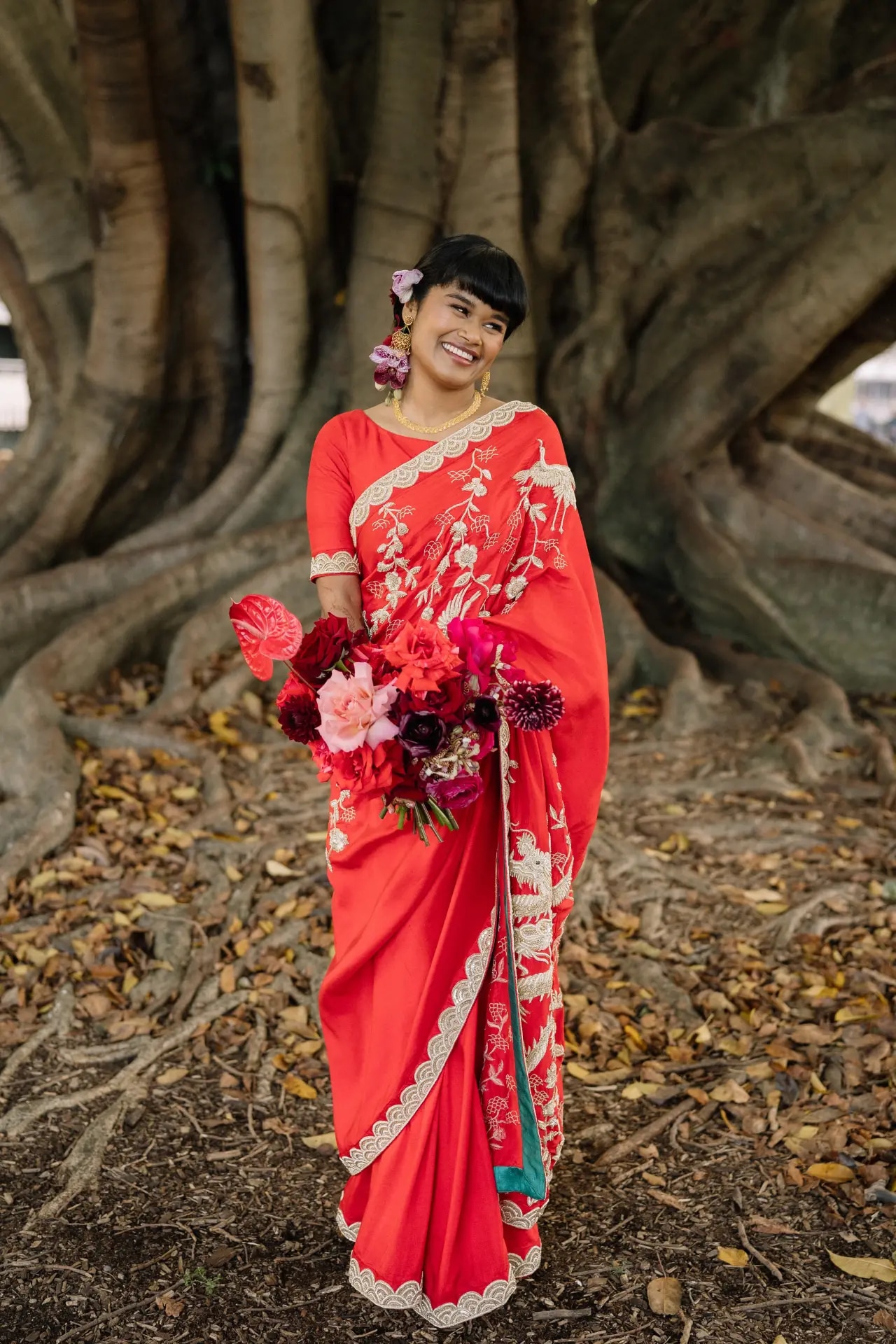 <p><em>Image credit: David Campbell. From <a href="https://www.vogue.com.au/culture/features/michael-hing-humyara-mahbub-wedding/image-gallery/0a12440aae919219ee990b7ba19e19c7" target="_blank" rel="noopener">Inside a regal garden wedding that blended Chinese and Bengali traditions</a></em></p><h2>Humyara Mahbub in By Elora</h2><p>&ldquo;Our final looks were embroidered with zardozi embroidery,&rdquo; said Humyara's husband Michael, &ldquo;an embroidery style with a rich history in South Asia and the Middle East, which involves using strands of metal on fabric. They were hand sewn by artisans in India and took a couple of months. By Elora allowed us to have everything completely customised, down to the specific colours, the specific silks, and the design of the embroidery. They showed us samples and illustrations throughout the process, and it was wonderful to be able to be involved throughout.&rdquo;</p>