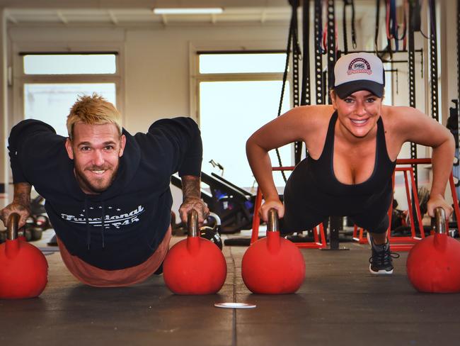 Dane Swan and Ash Pollard at F45 in Prahran. Picture: Tony Gough