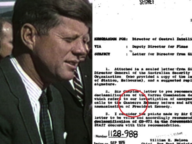 The former head of Australia’s intelligence agency urged the CIA not to declassify a document related to phone calls to the Canberra embass before and after the assassination of John F. Kennedy, declassified JFK assassination files have revealed. Picture: Supplied.