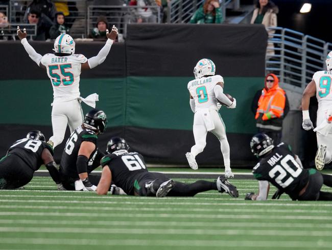 Jevon Holland of the Miami Dolphins scores a 99 yard touchdown off of an interception thrown by Tim Boyle. Picture: Mike Stobe