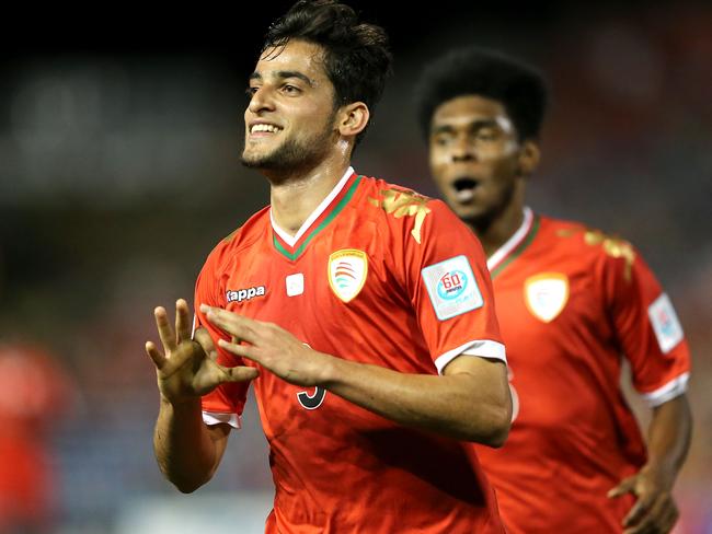 NEWCASTLE, AUSTRALIA - JANUARY 17: Abdul Aziz Al-Maqbali of Oman celebrates a goal during the 2015 Asian Cup match between Oman and Kuwait at Hunter Stadium on January 17, 2015 in Newcastle, Australia. (Photo by Ashley Feder/Getty Images)