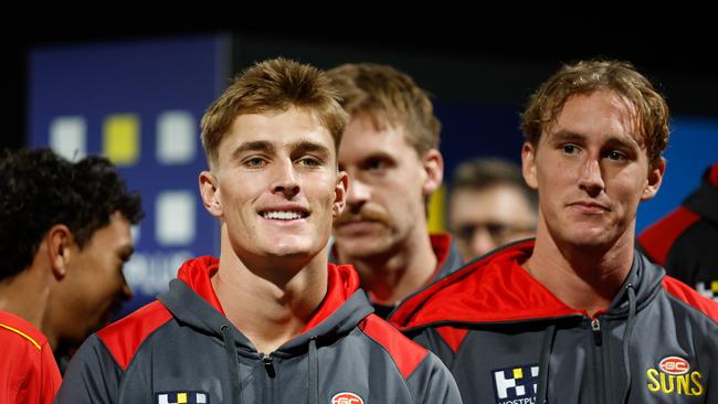 Will Graham (left) and Sam Clohesy (right) have hit the ground running after making their AFL debuts against GWS in Adelaide. Picture: Getty Images