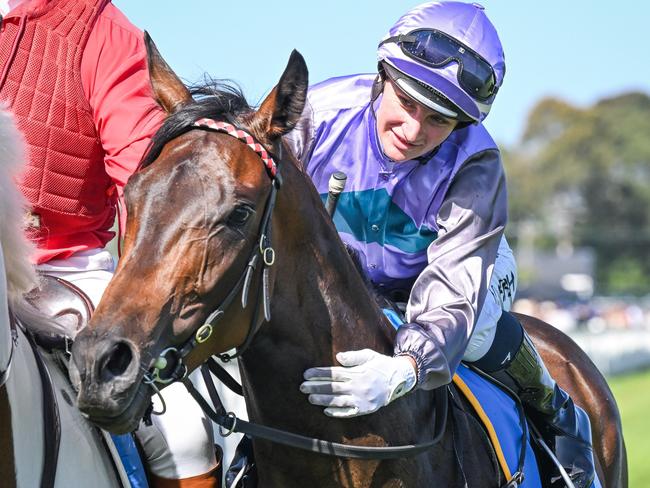 Jamie Kah returns to the mounting yard on Hayasugi after winning the Sportsbet Blue Diamond Stakes at Caulfield Racecourse on February 24, 2024 in Caulfield, Australia. (Photo by Reg Ryan/Racing Photos via Getty Images)