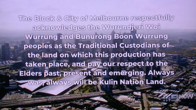 The Block’s Acknowledgment of Country. Picture: Channel 9