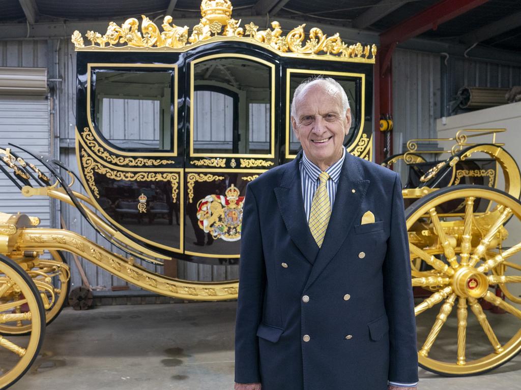 Australian master coach builder Jim Frecklington MVO OAM FAIHA, with the coach he is making for King Charles III at his Manly, Sydney workshop. Picture: Arthur Edwards