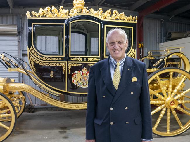 Australian master coach builder Jim Frecklington MVO OAM FAIHA, with the coach he is making for King Charles III at his Manly, Sydney workshop. Picture: Arthur Edwards