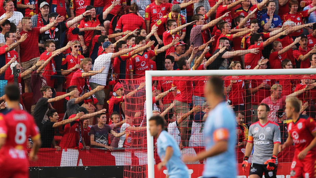 ADELAIDE, AUSTRALIA - NOVEMBER 07: Fans react during the round five A-League match between Adelaide United and Sydney FC at Coopers Stadium on November 7, 2014 in Adelaide, Australia. (Photo by Daniel Kalisz/Getty Images)