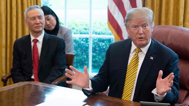 US President Donald Trump speaks during a trade meeting with China's Vice Premier Liu He in the Oval Office last month. Picture: AFP