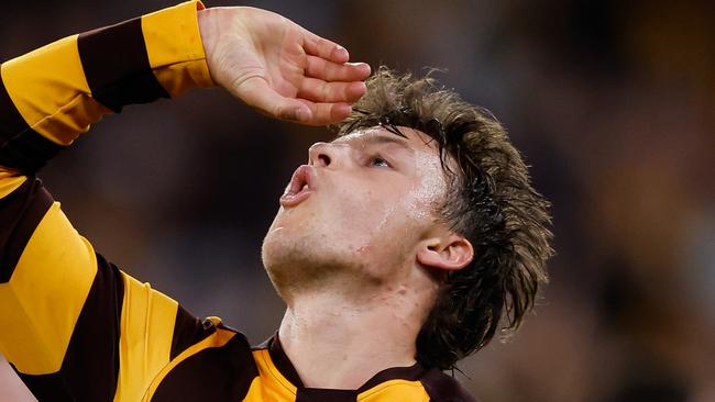 MELBOURNE, AUSTRALIA - SEPTEMBER 06: Jack Ginnivan of the Hawks celebrates a goal during the 2024 AFL Second Elimination Final match between the Western Bulldogs and the Hawthorn Hawks at The Melbourne Cricket Ground on September 06, 2024 in Melbourne, Australia. (Photo by Dylan Burns/AFL Photos via Getty Images)