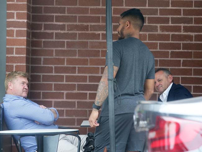 Ben Barba talks with manager Gavin Orr and Shark's football manager Phil Moss at a cafe in Woolooware. Picture: Mark Evans