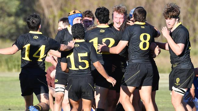 St Laurence players celebrate Ibrahim’s try. Picture, John Gass