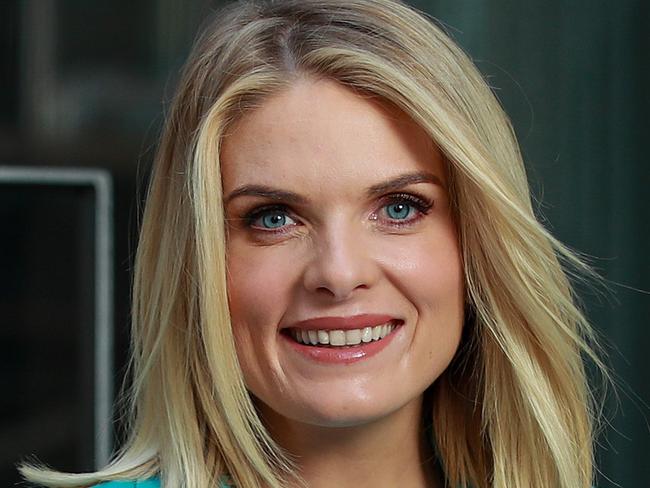 Erin Molan, in North Sydney, today, speaking about new fines for online trolling.Picture:Justin Lloyd.