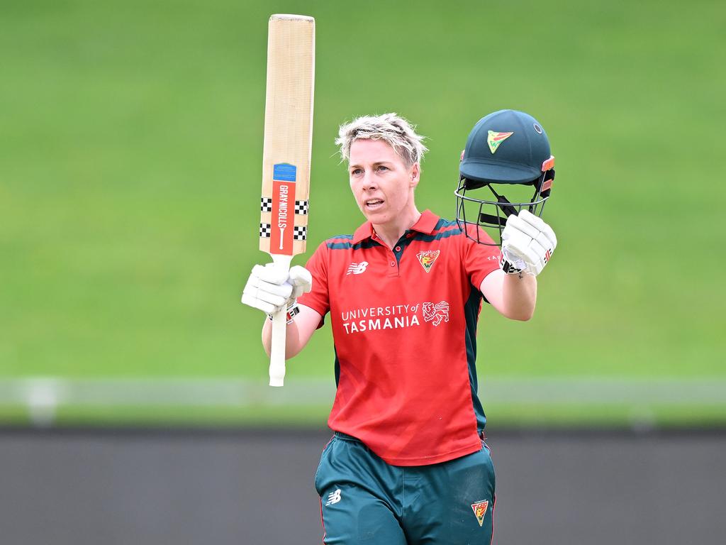 Elyse Villani celebrates scoring a century during a WNCL match between Tasmania and Western Australia at Bellerive Oval in 2023. Picture: Steve Bell/Getty Images