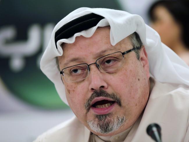 FILE - In this Feb. 1, 2015 file photo, Saudi journalist Jamal Khashoggi speaks during a news conference in Manama, Bahrain. Saudi Arabia is moving ahead with plans to hold a glitzy investment forum that kicks off Tuesday, Oct. 23, 2018, despite some of its most important speakers pulling out in the global outcry over the killing of Khashoggi. The meeting was intended to draw leading investors who could help underwrite Crown Prince Mohammed bin Salmanâ€™s ambitious plans to revamp the economy. (AP Photo/Hasan Jamali, File)