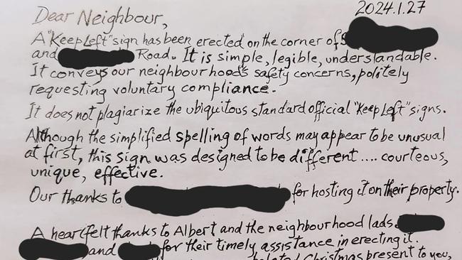 The letter to neighbours written by the Yamanto man. Picture: Supplied