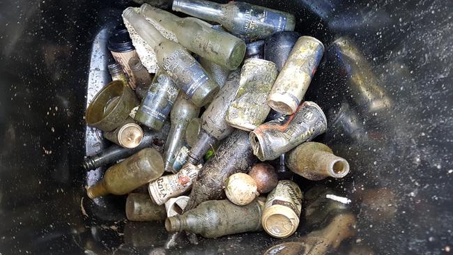 Dirty beer bottles in a rubbish bin at Ringwood Lake Park.