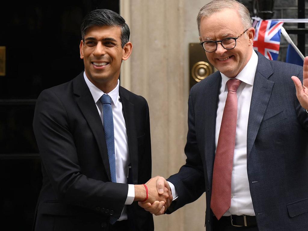 Britain's Prime Minister Rishi Sunak greets Anthony Albanese upon his arrival for a meeting at Number 10 Downing Street in London. Picture: AFP