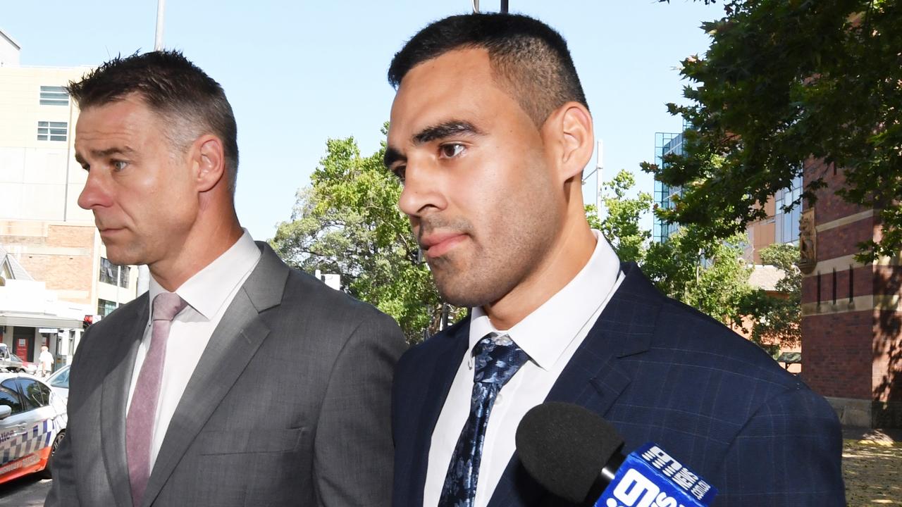Penrith Panthers NRL player Tyrone May leaves Parramatta Local Court in Sydney, Friday, January 31, 2020. (AAP Image/Peter Rae)