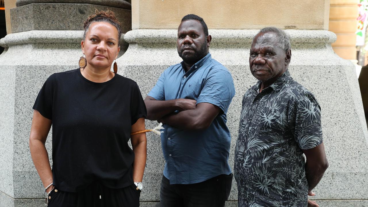 Tiwi islander elders Antonia Burke, Simon Munkara and Pirrawayingi Puruntatameri protesting NAB’s funding of Santos’ gas projects in the NT. Picture: John Feder