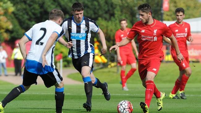 Jake Brimmer (R) in action for Liverpool.