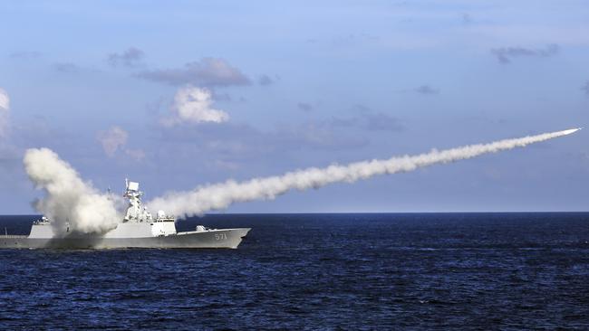 Chinese missile frigate Yuncheng launches an anti-ship missile during a military exercise in waters near the Paracel Islands. Picture: AFP.