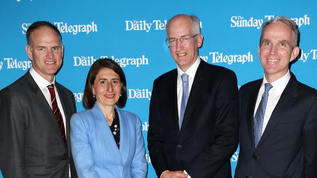 Michael Miller, Premier Gladys Berejiklian, Sir David Higgins and Daily Telegraph editor Christopher Dore at The Bradfield Oration. Picture: Christian Gilles