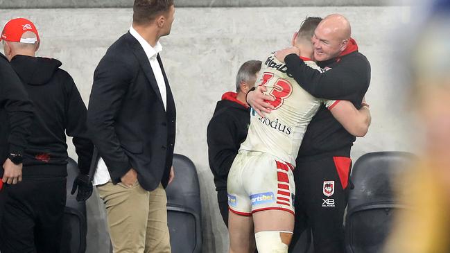 Cameron McInnes embraces Dragons coach Paul McGregor after beating the Eels. Picture: Mark Kolbe/Getty Images