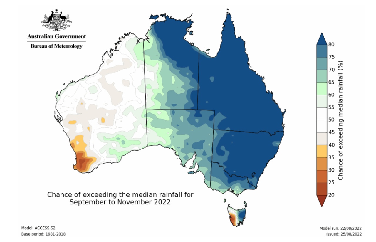 The east coast of Australian can expect above average rainfall over the next three months. Picture: Bureau of Meteorology