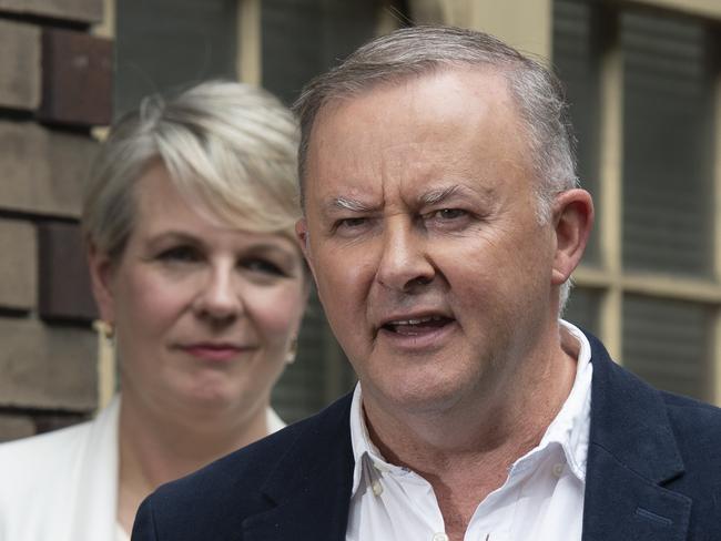 SYDNEY, AUSTRALIA - NewsWire PhotosSunday, 18 October 2020.The Leader of the Australian Labor Party, Anthony Albanese pictured speaking on the corner of Layton St & Pyrmont Bridge Rd where he grew up in unit 41, behind on the left Shadow Minister for Education and Training, Tanya Plibersek. Picture: NCA NewsWire/ Monique Harmer