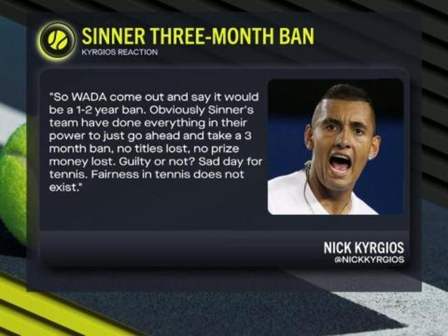 Nick Kyrgios fires over Sinner ban