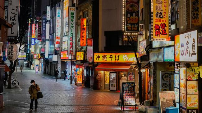 Tokyo’s Shinjuku district is much quieter than usual as Japan ramps up efforts to control the coronavirus pandemic. Picture: Getty Images