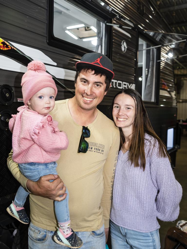 Jamie and Tempany Goldby with their daughter Pyper at the Queensland Outdoor Adventure Expo at the Toowoomba Showgrounds, Saturday, July 30, 2022. Picture: Kevin Farmer