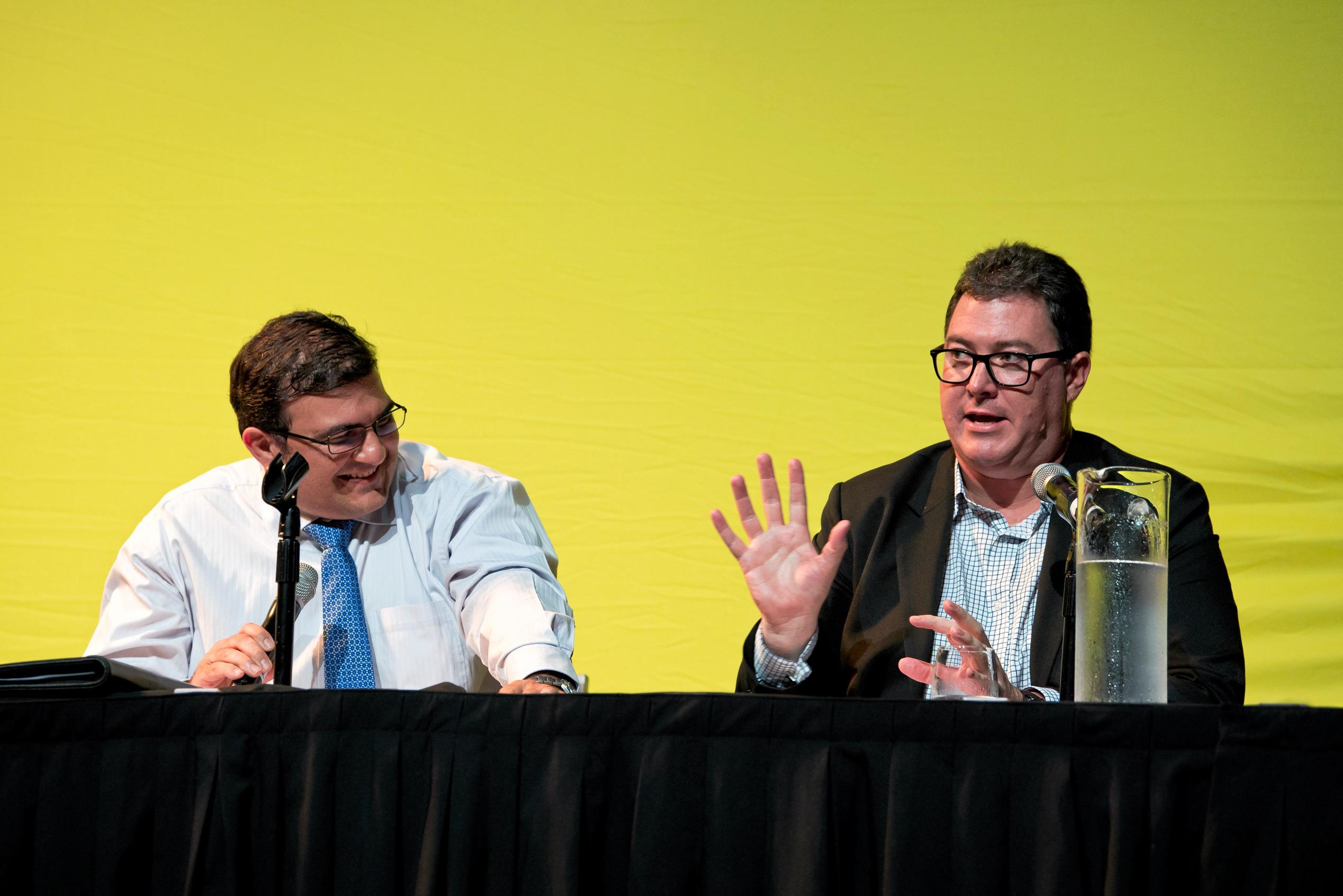 George Christensen speaks at at the 2019 Dawson Debate flanked by moderator Simon Vigilante from the Mackay chamber of commerce.