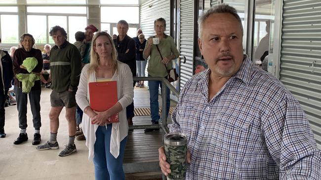 Mirani MP Stephen Andrew speaks to a gathering at Eungella Hall on October 4, 2022 about the proposed Pioneer-Burdekin pumped hydro scheme. Picture: Duncan Evans