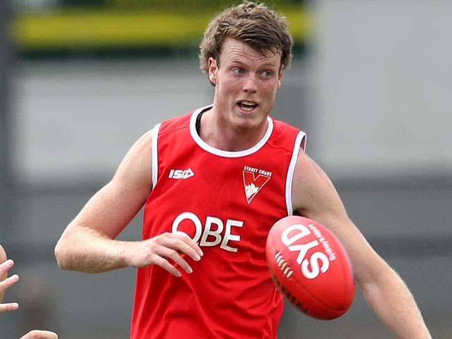 Tom McCartin and Nick Blakey during the Sydney Swans first pre season training session for 2-6 year players. Picture. Phil Hillyard