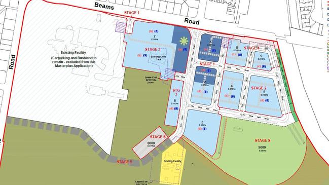 A plan from the Carseldine Urban Village Queensland Government development application, showing the sport and recreation precinct, Stage S (bottom right).