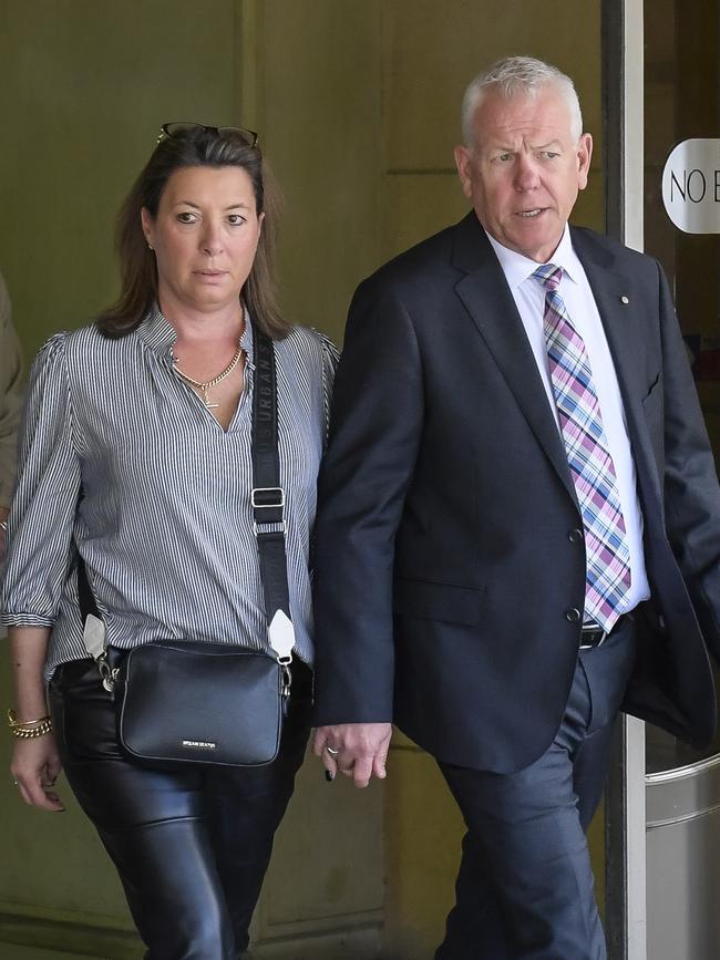 SA Police Commisioner Grant Stevens and wife Emma leaving Adelaide District Court. Picture: Roy VanDerVegt
