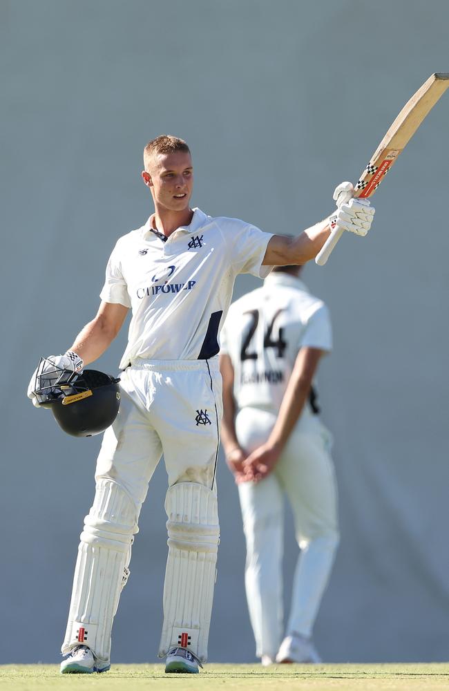 Campbell Kellaway celebrates his second Sheffield Shield ton for the summer. Picture: Paul Kane/Getty Images