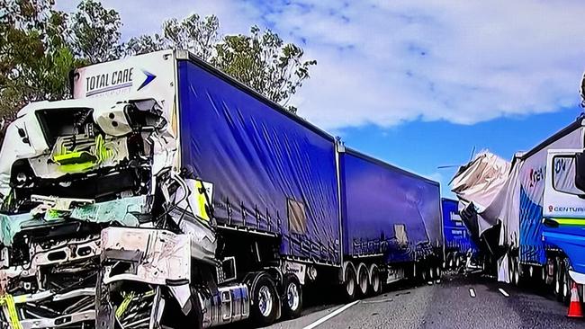 The aftermath of the crash on the Bruce Highway at Gindoran earlier this week involving B-double trucks. Photo: 7News