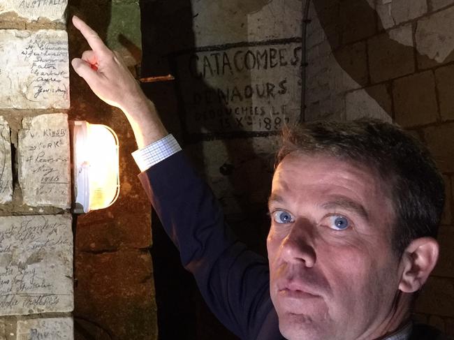 NAOURS, FRANCE 24 APRIL 2017  ..  Veterans' Affairs Minister Dan Tehan visits the newly-discovered caves at Naours, in northern France, where the names of Australian WW1 soldiers were found scrawled in underground caverns. Picture: Supplied