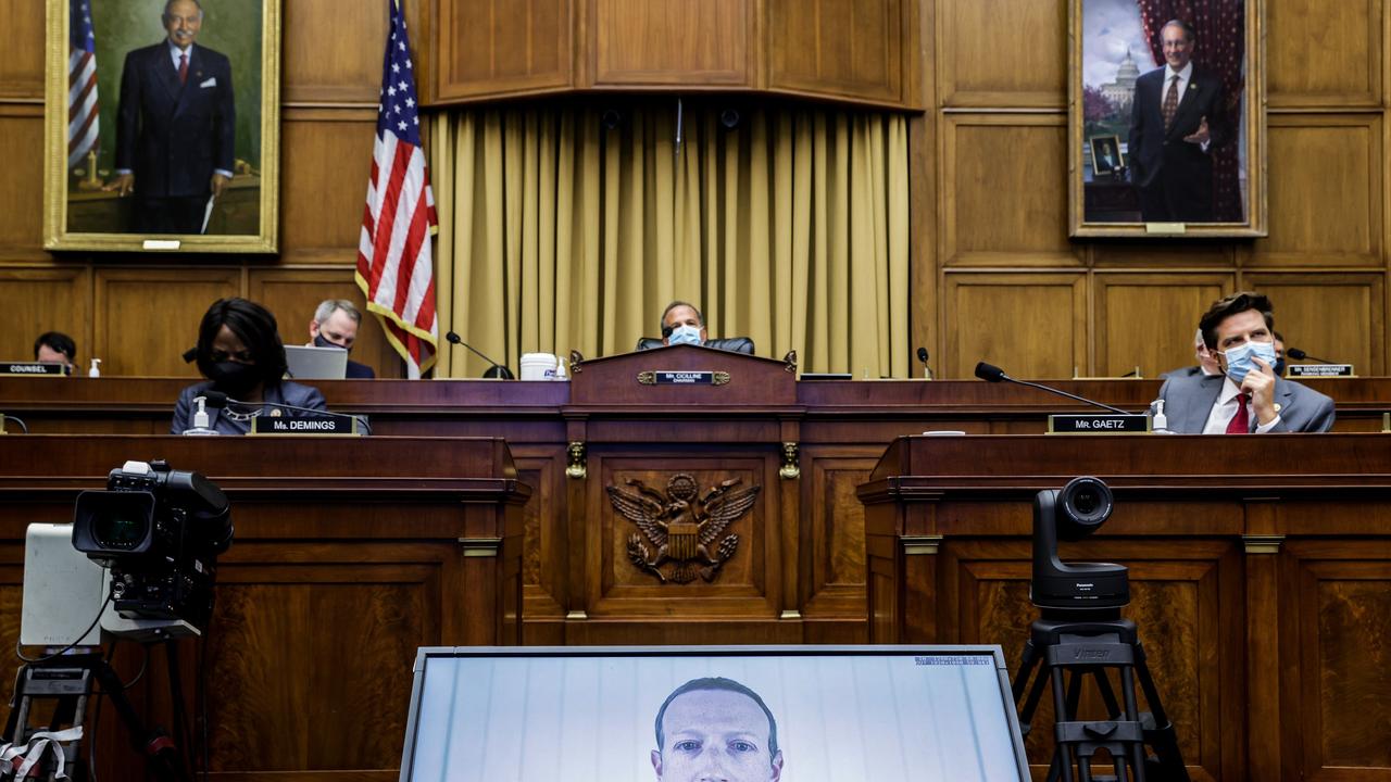 Mark Zuckerberg testifies before the House Judiciary Subcommittee on Antitrust, Commercial and Administrative Law on Online Platforms and Market Power on Wednesday. Picture: Graeme Jennings/AFP