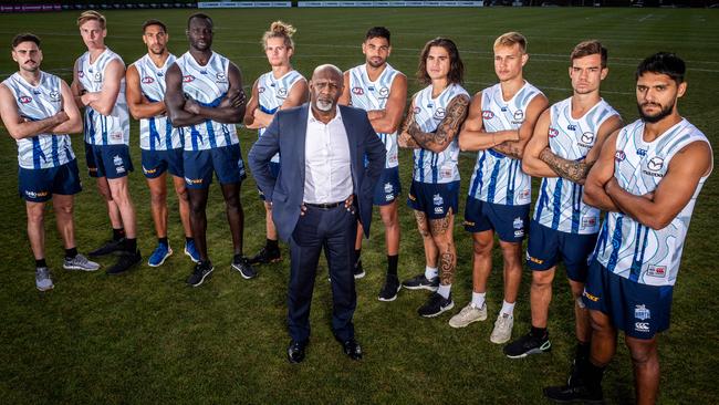 North Melbourne CEO Ben Amarfio with Paul Ahern, Matt McGuiness, Aiden Bonar, Majak Daw, Jed Anderson, Tarryn Thomas, Marley Williams, Kyron Hayden, Jy Simpkin and Aaron Hall. Picture: Jake Nowakowski