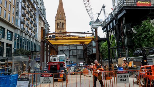 Part of the Suburban Rail Loop can now be seen on the corner of Collins and Swanston streets in Melbourne’s CBD. Picture NCA NewsWire / Ian Currie