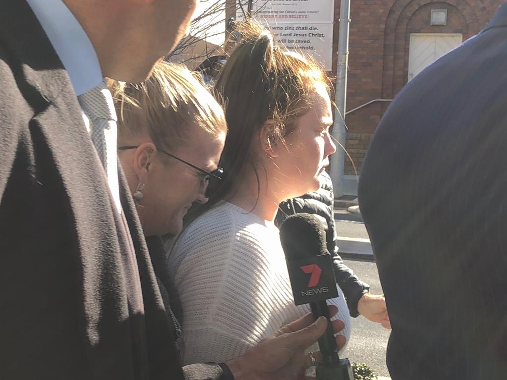 Caitlyn Gray leaves court with her mum after being granted conditional bail. Picture: news.com.au