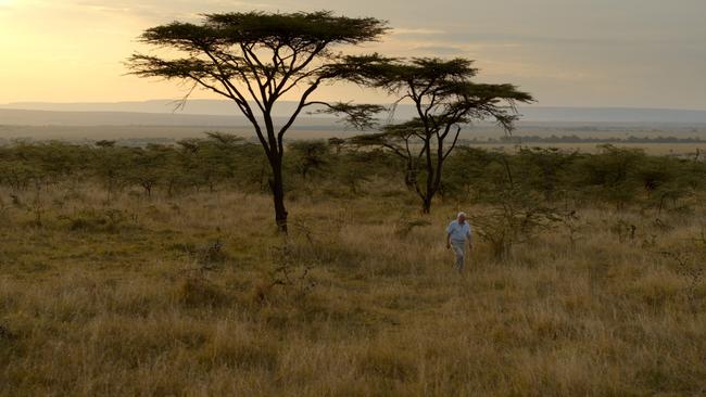 Sir David Attenborough walks through the Serengeti plains in Kenya while filming David Attenborough: A Life on Our Planet. Picture: Supplied