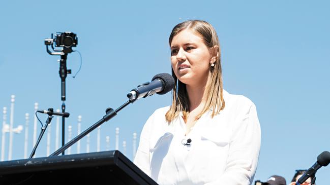 Brittany Higgins speaks at the women’s March 4 Justice rally in Canberra. Picture: Supplied