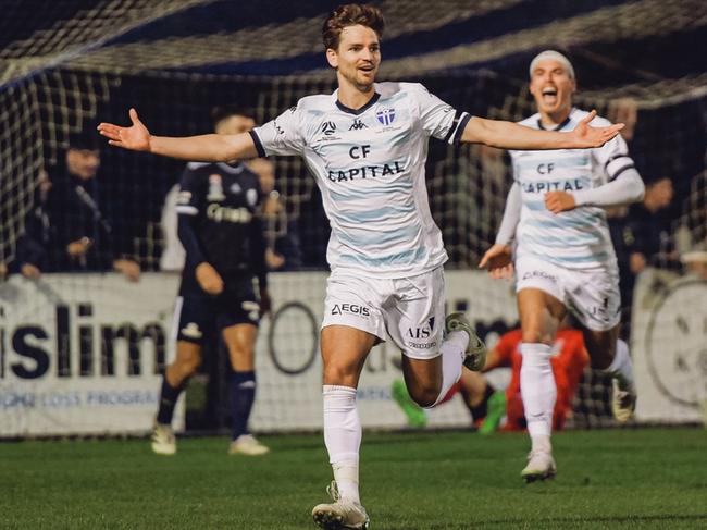 Josh Wallen celebrates his match-winner. Picture: Luke Radziminski