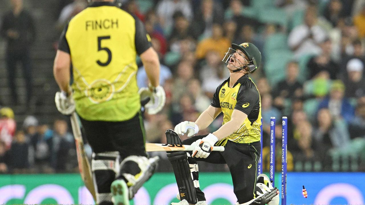 David Warner lasted just six balls before falling victim to a freak dismissal. Picture: AFP